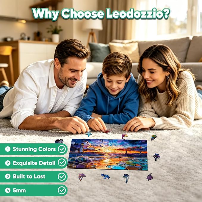 Leodozzio Wooden Puzzles for Adults, Sunset Lighthouse Jigsaw Puzzles 200 Pieces, 5MM Thick Unique Shaped Animal Wooden Puzzle, Perfect Choice Gift Wall Art Room & Artistic Home Decor, 7.3"x13"