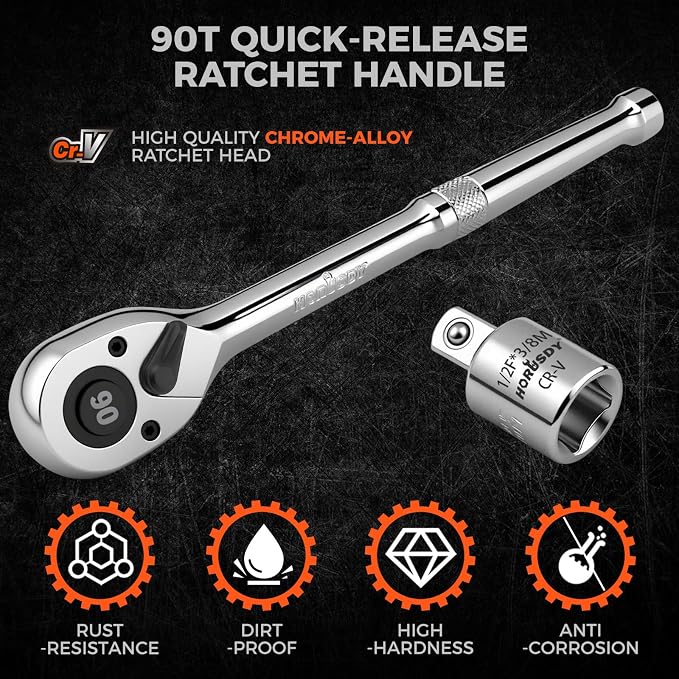 HORUSDY 1/2" Drive 90T Quick-Release Ratchet Handle, Reversible Chrome Alloy Socket Wrench with 1/2" to 3/8" Adapter, Durable and Comfortable for Automotive, DIY, Industrial and Bicycle Repairs