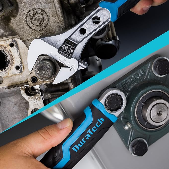 DURATECH 10 Inch Adjustable Wrench, 3-in-1 Spanner | Box End, Hex Function, CR-V Steel, Metric & SAE Scales, Chrome-plated, Bi-material Soft Grip