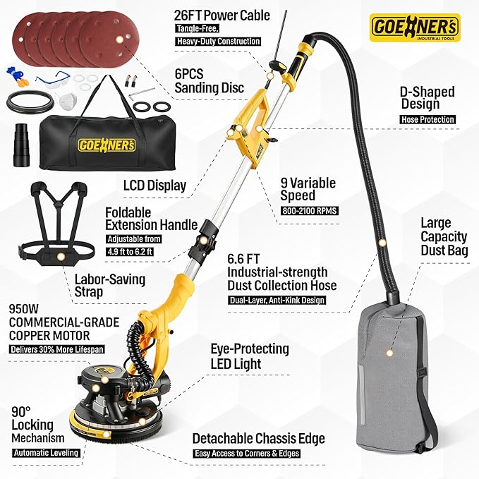 Drywall Sander, 950W 8.5A Electric Drywall Sander with Vacuum Dust Collector, 9 Variable Speed 800-2100RPM, 26FT Power Cord, Wall Sander for Popcorn Ceiling, Pole Sander for Drywall (Yellow)