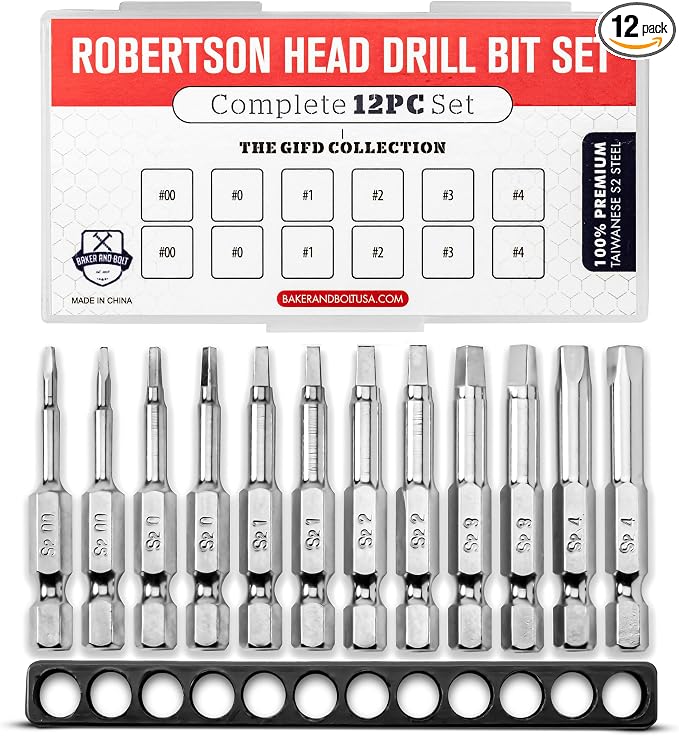 BAKER AND BOLT Robertson Square Drill Bit Set (PREMIUM Complete 12pc Set)/w Storage Case and Bit Holder -Hex Shank Magnetic Bit Set -THE GIFD COLLECTION -Fortified S2 Steel -Long 2in Heads for Drills