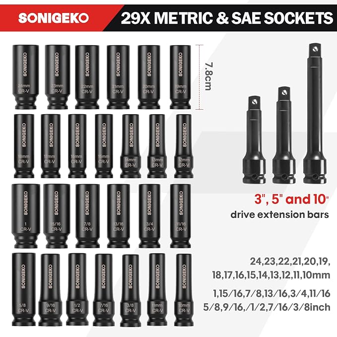 29-Piece 1/2" Drive Impact Socket Set，(3/8"-1", 10mm-24mm) | 6-Point Deep Standard SAE & Metric ,CR-V Steel Sockets with 3", 5", 10" Extension Bars and Storage Case