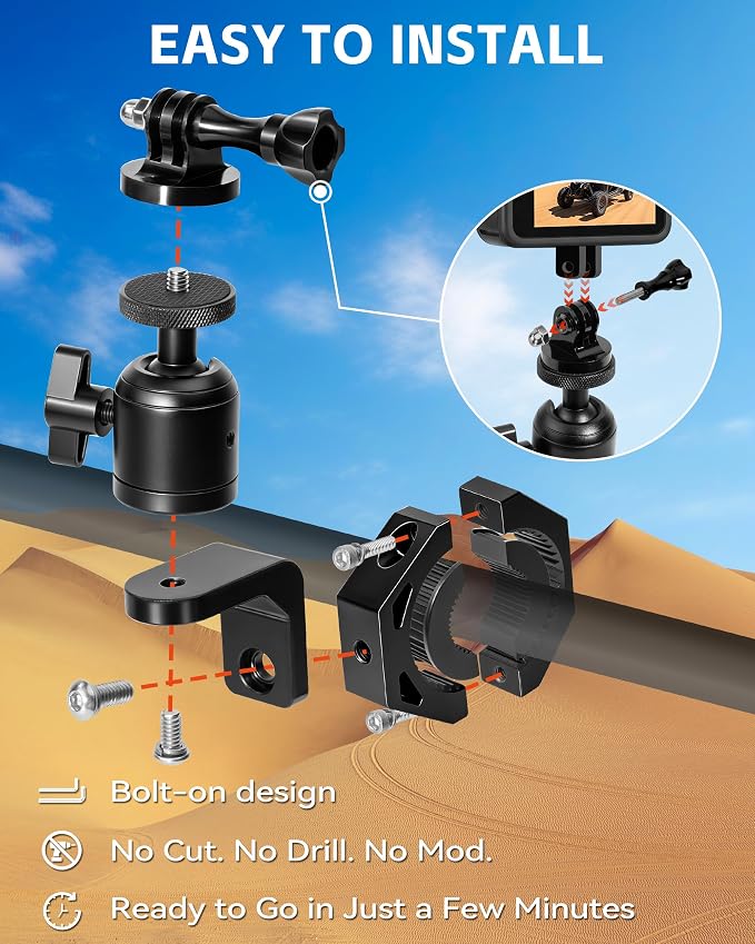 ZHILXN UTV ATV Aluminum Action Camera Clamp Mount Fits 1" - 2" Roll Bar