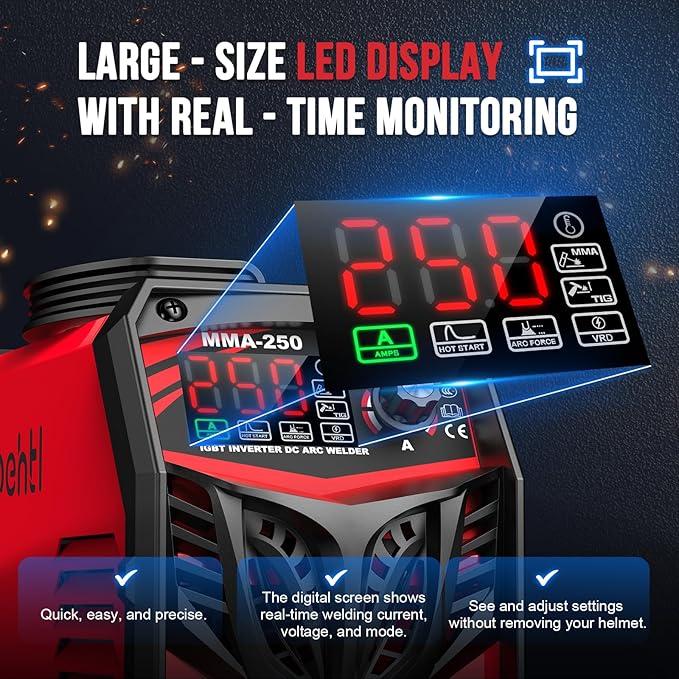 250Amp Stick Welder 110V/220V Dual Voltage, with LED Display ARC Welding Machine w/Hot Start, IGBT Inverter, Portable Welder with Complete Kit (10 Rods, Clamps, Gloves), Anti-Stick for Home/Diy/Farm