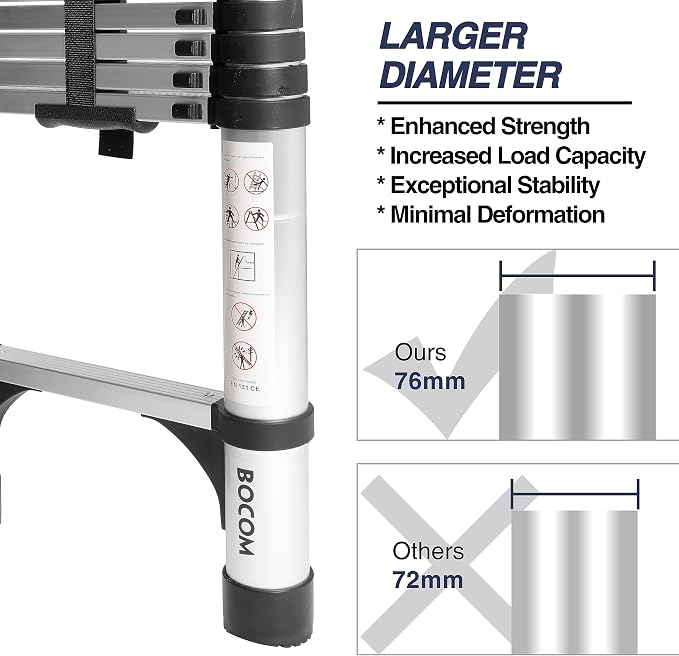 BOCOM 12.5 FT Aluminum Telescoping Ladder, Lightweight Multi-Purpose Collapsible Extension with 2 Triangle Stabilizers, Heavy Duty 330 lbs Max Capacity, Ideal for Home, RV, and Outdoor Work Silver