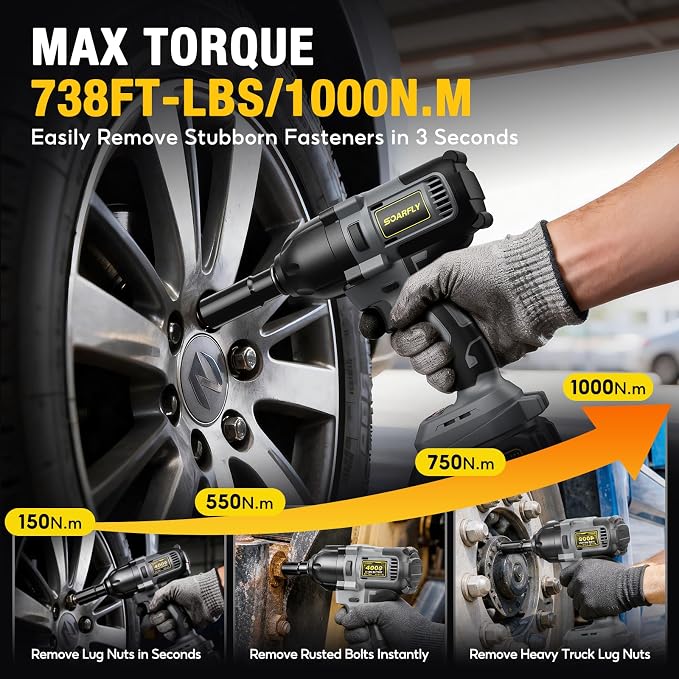 SOARFLY 1/2" Cordless Impact Wrench, 738 Ft-lbs (1000 N.m) High Torque 21V Brushless Electric Impact Gun with 2x 4.0Ah Batteries, Impact Driver with LED Light, 6 Sockets for Home Car/Mower/Truck RV