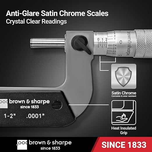 Brown & Sharpe Mechanical Outside Micrometer, 1-2 Inch, 0.0001 Inch Graduation, Tungsten Carbide Measuring Faces, Ratchet-Stop Mechanism, Satin Chrome Finished Scale