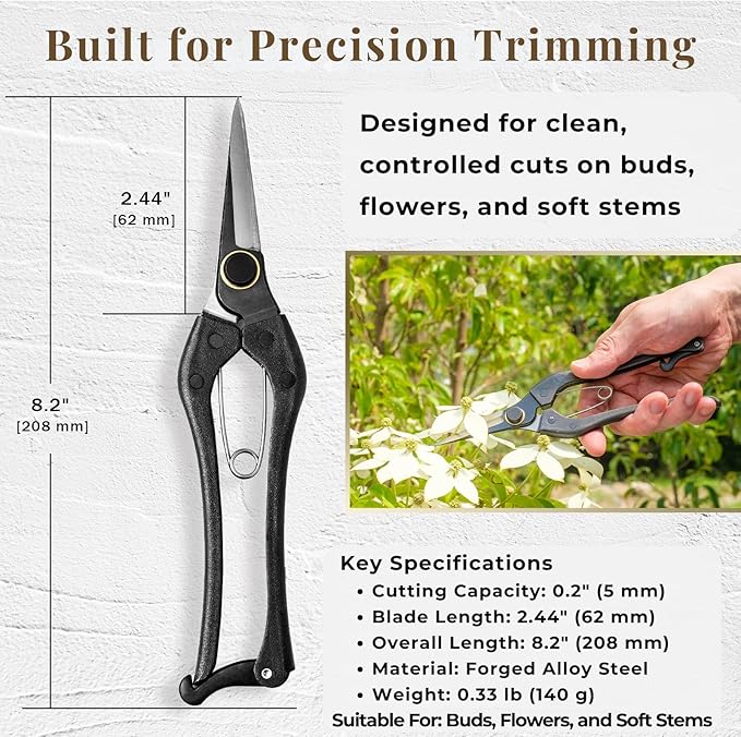 Wablade Japanese Pruning Shears Double-Edge, 8.2-Inch Precision Pruning Scissors for Buds, Flowers & Soft Stems, Cuts Up to 0.2" (5 mm), Forged Alloy Steel Blade, Made in Japan