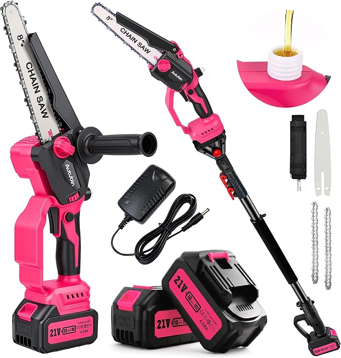 Pink 2-in-1 Cordless Pole Saw for Tree Trimming, 8-Inch Mini Chainsaw with Extension Pole, Battery Powered Tree Trimmer for Branches and Limbs, Adjustable Angle, Auto Oiler, 2× 4000mAh Batteries