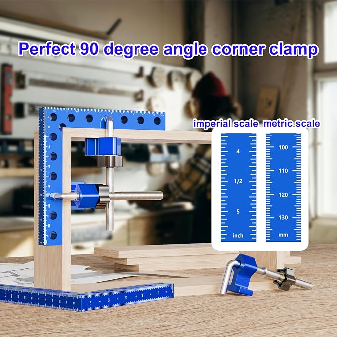 Corner Clamps for Woodworking, 5.5” 4 Pcs 90 Degree Aluminum Corner Clamp With Storage Box, Precision Dual Scale Right Angle Positioning Squares for Wood Frame, Jigs, Drawers, Cabinets.(Blue).