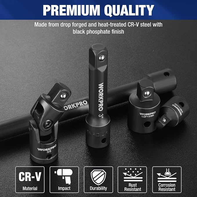 WORKPRO 9-Piece Impact Socket Extension Set, 1/4", 3/8" & 1/2" Drive, CR-V | 3/8" Drive Extension Bar Set, Universal Joints and Adapters, Black Phosphate Finish