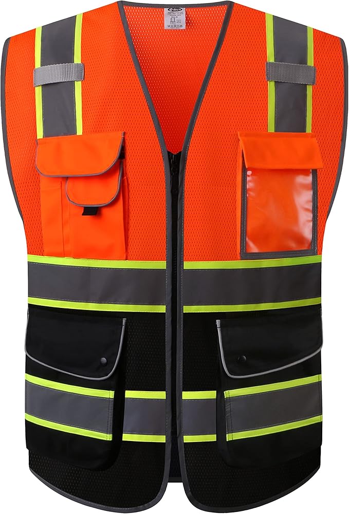 JKSafety 9 Pockets Hi-Vis Fluorescent Color Mesh Reflective Safety Vest for Men Women | Chaleco de seguridad para hombres y mujeres (100-Orange-Black 5XL)