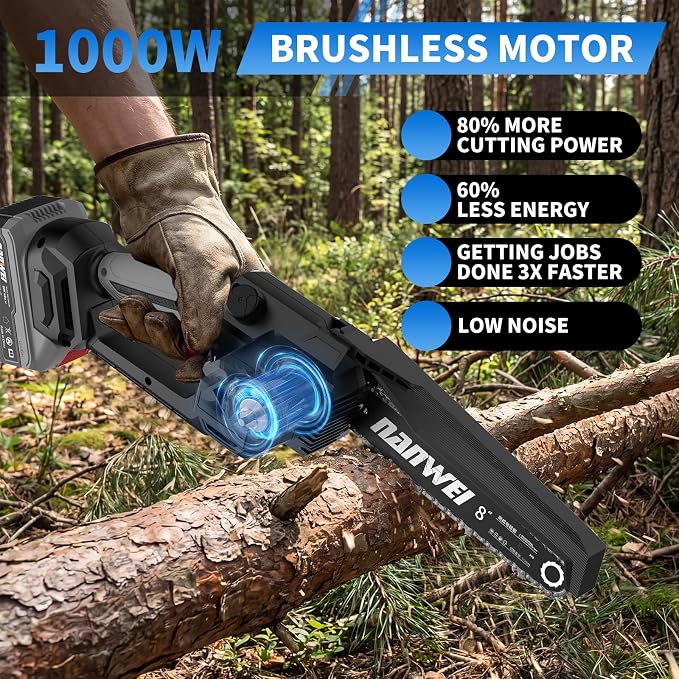 NANWEI 8 Inch Cordless Chainsaw for Tree Trimming & Wood Cutting, Lightweight Handheld Mini Chain Saw with 2 x 4.0Ah Batteries, Brushless Motor for Long Runtime & Low Noise