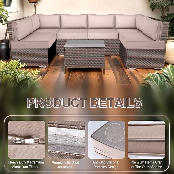 14 Piece Outdoor Furniture Replacement Cushions, Cover+Filling, 25.6" x 25.6" x 4" Foam Waterproof Outdoor Sofa Cushion Sets, Fit Wicker Rattan Sectional Conversation Set,Khaki
