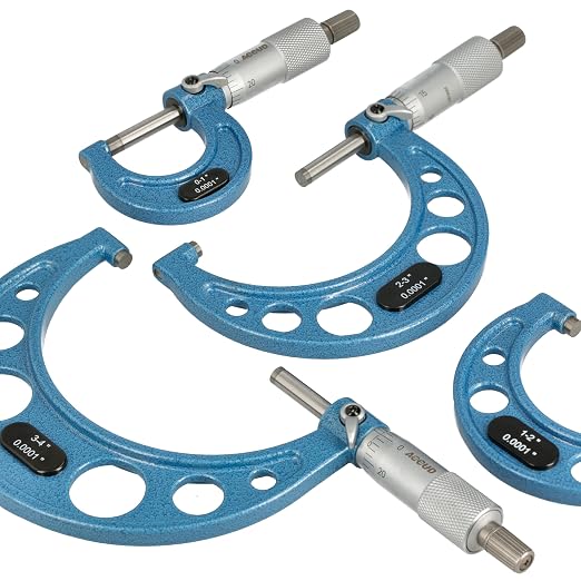 Outside Micrometer Set, 4 Pieces 0-1", 1-2", 2-3", 3-4", 0.0001" Graduation, Ultra-Precision Machinist Tools, Carbide Tips, Vernier Scale, Ratchet Stop, Includes Case