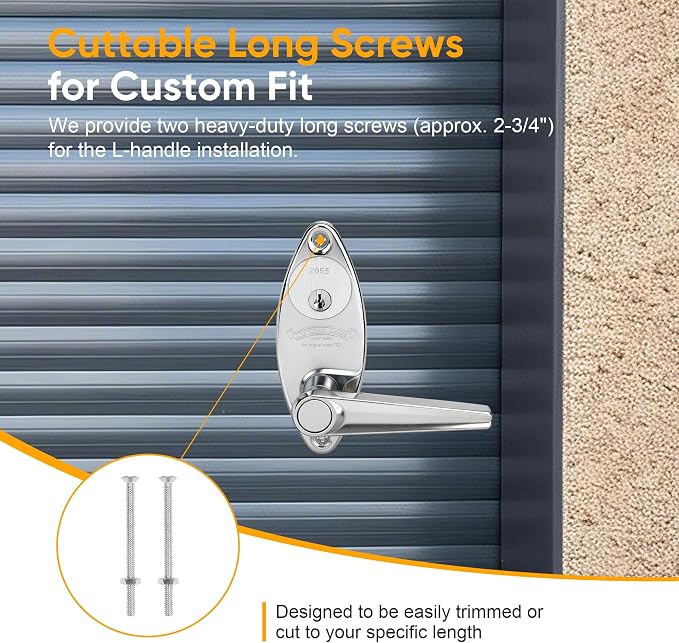 Heavy-Duty Garage Door Lock Kit, Universal L-Handle with Inside Side Latch, Copper Cylinder & Keys, Zinc Alloy Handle, Complete Hardware Set for Shed Barn Garage Doors, 3 Sizes Screws-1 Set