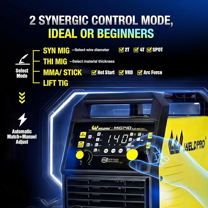 WELDPRO 140A MIG Welder 110/220V, 2026 Newest 5-in-1 Flux Core Welder, Synergic/Thickness Gasless MIG/Lift TIG/MMA/Spot Welding Machine, IGBT Inverter Welder with Large LED Digital Display, 2T/4T