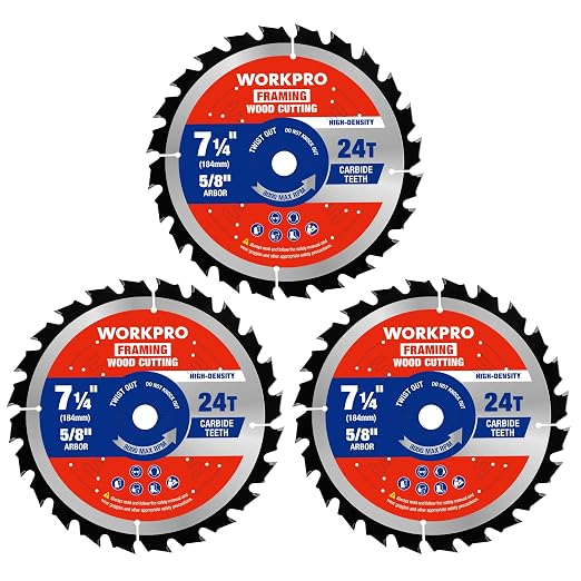 WORKPRO 7-1/4 Inch Woodworking Circular Saw Blades, 24T Framing & Fast Ripping, Thin Kerf, Carbide Tipped, ATB Tooth, 3-Pack