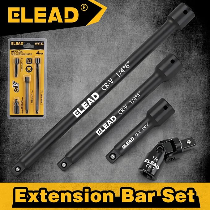 4-Piece 1/4" Drive Socket Extension Bar Set, 2, 4, 6 inch Professional Extension Set, 1/4 Inch Drive Universal Joint Socket, Premium Cr-V Steel Sockets Wrench Extender