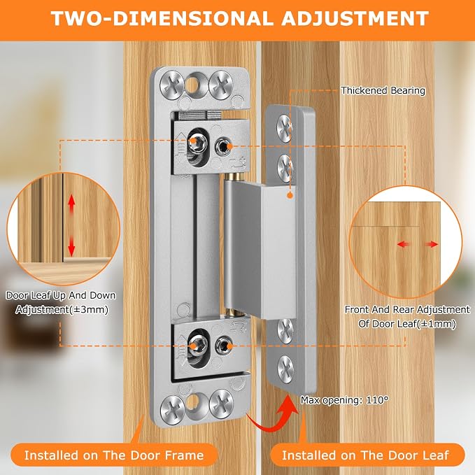 Hidden Door Hinges, 2Pack Adjustable Concealed Hinges 110Lbs Load-Bearing Heavy Duty Pivot Hinge 110° Swinging Invisible Hinges for Secret Doors, Bookcase, Shelf & Murphy Door