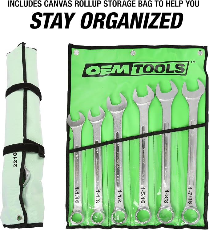 OEMTOOLS 6-PC 12 Pt. SAE Jumbo Combination Wrench Set 1-1/16" to 1-7/16" | Chrome Plated Finish Box End Wrenches, 15° Offset, Includes Canvas Wrench Roll, Drop-Forged Alloy Steel