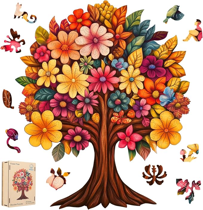 Pikoqunc Flower Tree Wooden Jigsaw Puzzle for Adults, 180 Pieces, 3mm Thick Nature Art Puzzle for Relaxation, Family Time, and Gift Giving