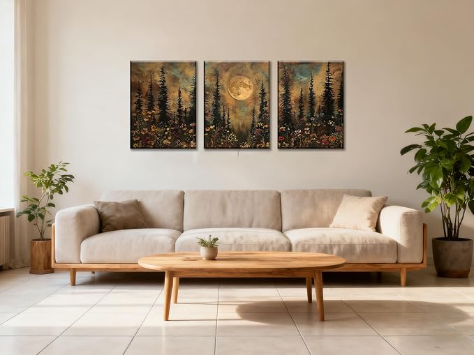 Frimeeme Vintage Moon Forest Wall Art Set of 3,Canvas Print Set Wildflower Pine Trees Rustic Nature Decor for Farmhouse Bedroom Living Room Aesthetic, 12x16 inches