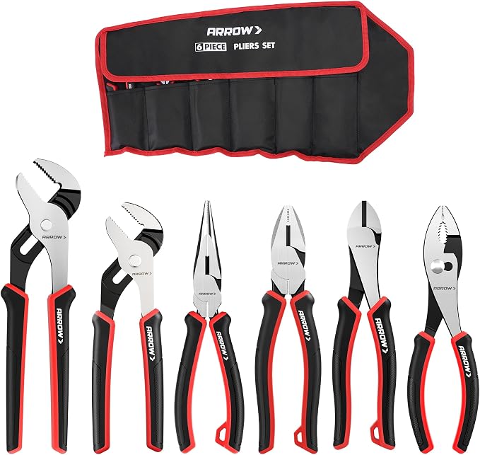 ARROW 6PCS Pliers Set, Carbon Steel Pliers Kit with Storage Pouch | 8" Long Nose, Diagonal Cutting, Linesman, Slip Joint, 8" & 10" Groove Joint, Non-Slip Handle, DIY, Home Repair & Maintenance