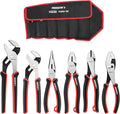 ARROW 6PCS Pliers Set, Carbon Steel Pliers Kit with Storage Pouch | 8" Long Nose, Diagonal Cutting, Linesman, Slip Joint, 8" & 10" Groove Joint, Non-Slip Handle, DIY, Home Repair & Maintenance