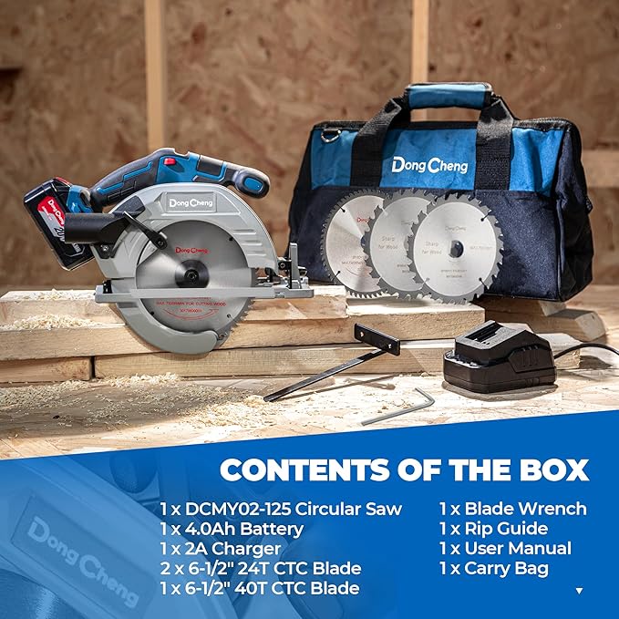 Dong Cheng 20V MAX 7-1/4'' Brushless Cordless Circular Saw Kit, 0-45 Degree Bevel Capability, with Dust Collection Adaptor, 24T and 40T TCT Blade Included, 4.0Ah Battery and Charger Kit