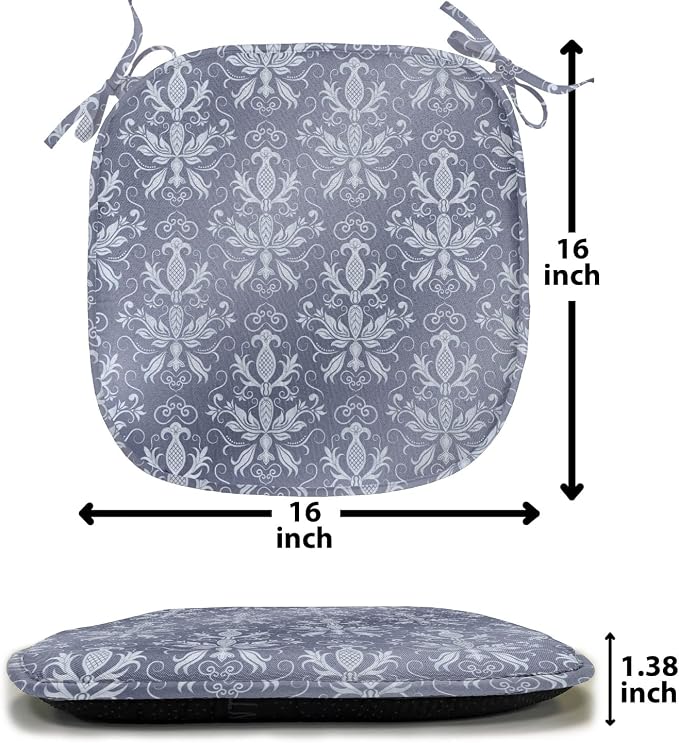 Lunarable Damask Chair Seating Cushion Set of 8, Medieval Repetitive Pattern with Flourish Ornaments, Anti-Slip Seat Padding for Kitchen & Patio, 16"x16", Purpleblue Ceil Blue