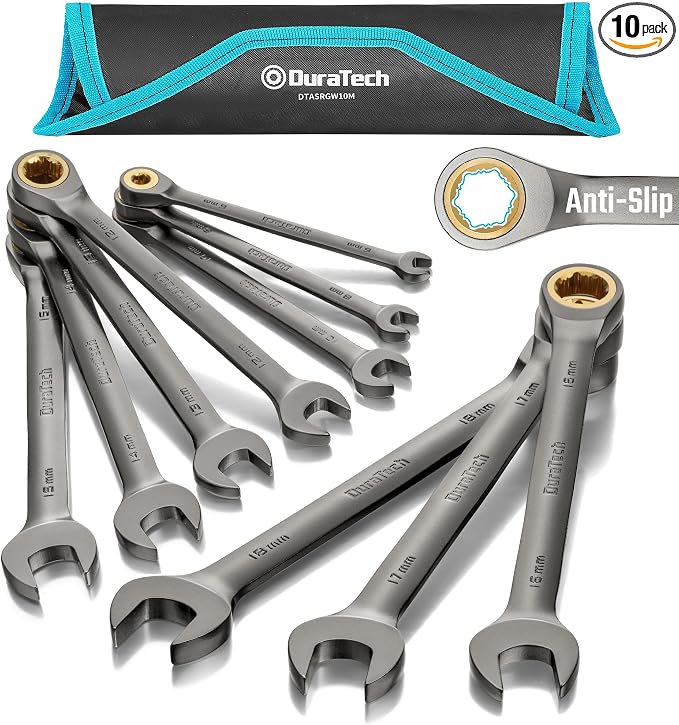 DURATECH Anti-Slip Ratcheting Wrench Set, 10-Piece, Metric 6-18mm | Combination Wrench Set, 72-Tooth, Nickel Plating, CR-V Steel, With Pouch