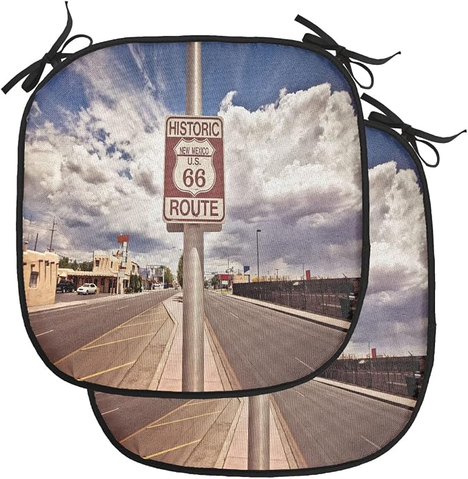 Lunarable Americana Chair Cushion Pads Set of 2, Historic New Mexico U.S 66 Route Sign Roadway Driving Roadside Scenery, Anti-Slip Seat Padding for Kitchen & Patio, 16"x16", Multicolor Dust Blue