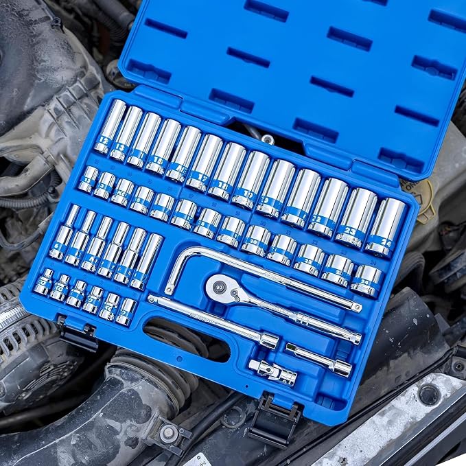 NEIKO 02512A 3/8” Drive Socket Set with Quick Release Ratchet (90 Tooth), 43 Piece Standard and Deep Metric Sizes, 6mm to 24mm, 6 Point, Universal Joint, 3/8” Extension Bars, Made with CR-V Steel
