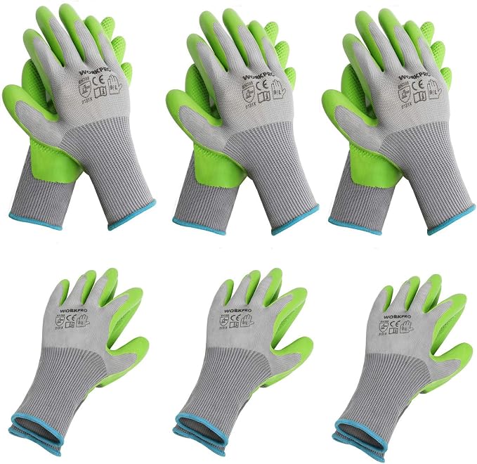 WORKPRO 6 Pairs Garden Gloves, Work Glove with Eco Latex Palm Coated, Gardening Gloves, Working Gloves for Weeding, Digging, Raking, and Pruning (Large)