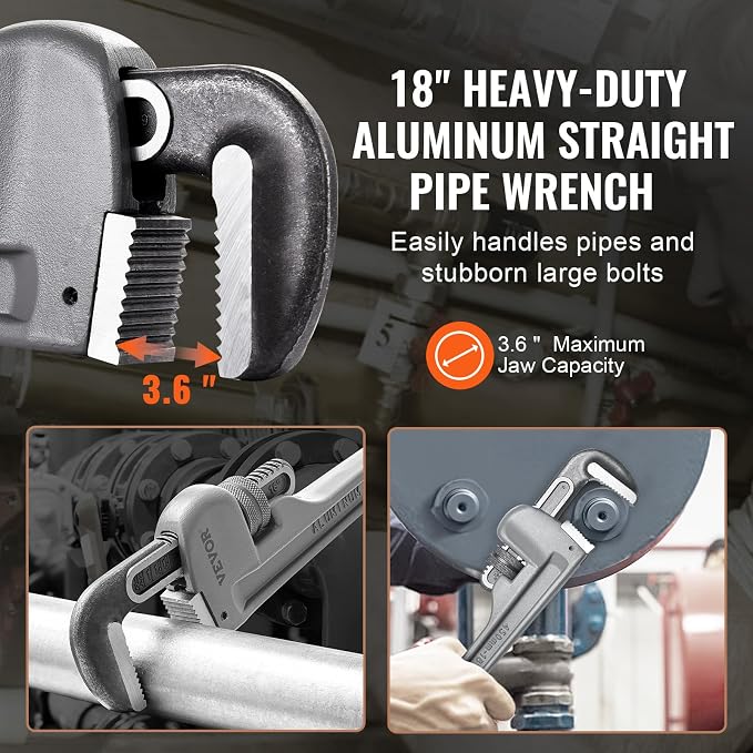 VEVOR Pipe Wrench, 18" Aluminum Straight Pipe Wrench, Adjustable Plumbing Wrench, with High Strength Jaw and Ergonomic Handle, Easy to Carry, Hangable Design, for Water Pipes, Automotive Repairs