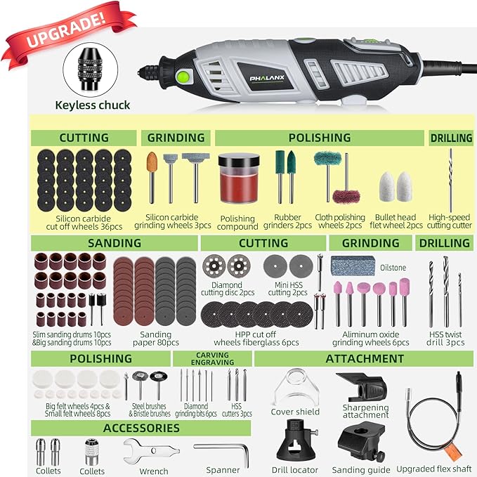PHALANX 180W Rotary Tool Kit, 1.5-Amp 6 Variable Speed with Flex Shaft, 8000-35000RPM Rotary Multi-Tool& 213pcs Accessories Kit, Power Multiuse Set Prefect for Crafting Projects and DIY Creations
