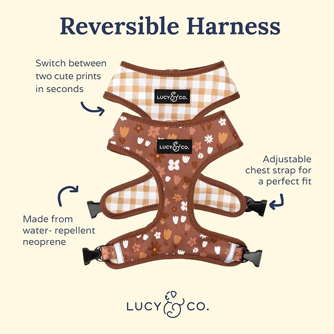 Lucy & Co. Reversible Dog Harness - Water-Repellent Neoprene, Dual-Print Design, Easy Swap Style, Adjustable Comfort Fit - Chocolate Meadows Reversible Harness - Small
