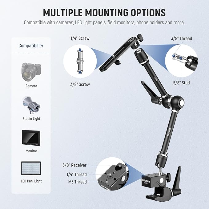 NEEWER 21" Magic Arm Camera Mount with Super Clamp, Overhead Desk Mount with 360° Dual Ball Head, 1/4" 3/8" 5/8" Stud Adapter for PA073 PA074 Phone Cage Rig DSLR Camera Monitor Video Light, UA018