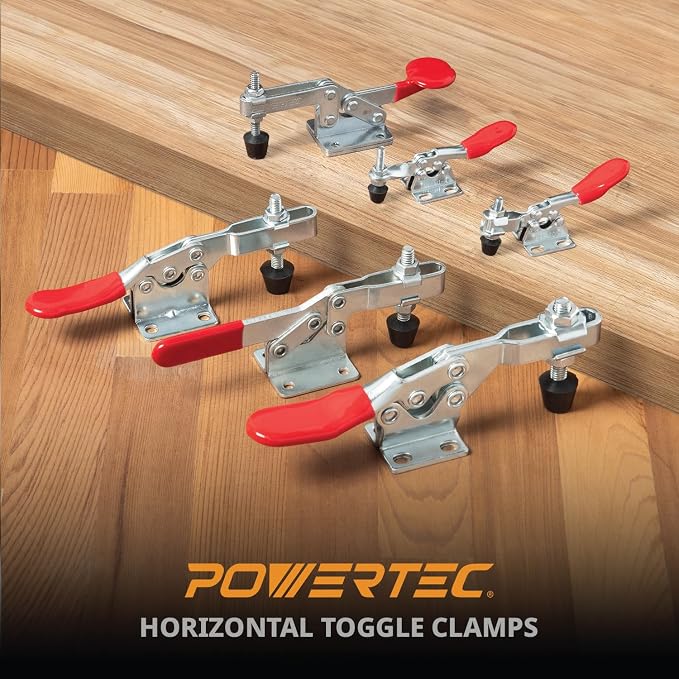 POWERTEC 12PK Toggle Clamp, 300 lbs Capacity, 201B Quick Release Horizontal Clamps w/Antislip Rubber Pressure Tip for Woodworking Jigs and Fixtures, Welding, Drill Press, Crosscut Sled (20327-P3)
