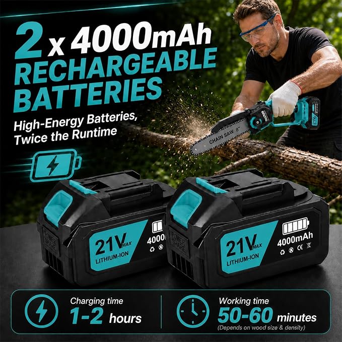 TNELTUEB 4-In-1 Cordless Pole Saw & Mini Chainsaw, 6"&8" Pole Saws For Tree Trimming with 15.6ft Extendable Pole, 180° Adjustable Angle, 1000W Brushless Motor, Electric Chainsaw with 2×4.0Ah Batteries