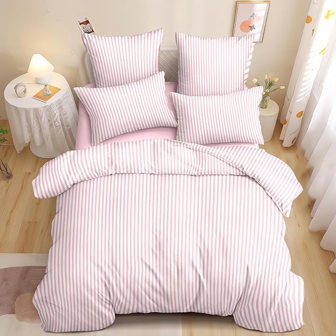 Sedefen Striped Duvet Cover King Size Pink Stripes Duvet Cover Set 3 Pcs Kids Boys Girls Women White Geometric Stripe Reversible Soft Microfiber Bedding Set with 2 Pillowcases