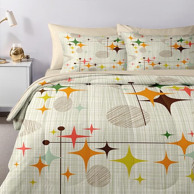 Nesker Comforter Set King Size, Retro Stars Brown 7 Pcs Bedding for Kids and Adults, Mid Century Vintage Bed Sheet Sets with Fitted Sheet 2 Pillowcases & 2 Shams