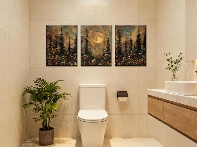 Frimeeme Vintage Moon Forest Wall Art Set of 3,Canvas Print Set Wildflower Pine Trees Rustic Nature Decor for Farmhouse Bedroom Living Room Aesthetic, 12x16 inches