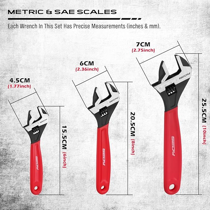 SEDY Adjustable Wrench Set Pipe Spanner: 6" 8" 10" Wide Jaw Black Oxide Wrench With Cushion Grip, Laser Marked Metric & SAE Scales, CR-V Steel for Professional