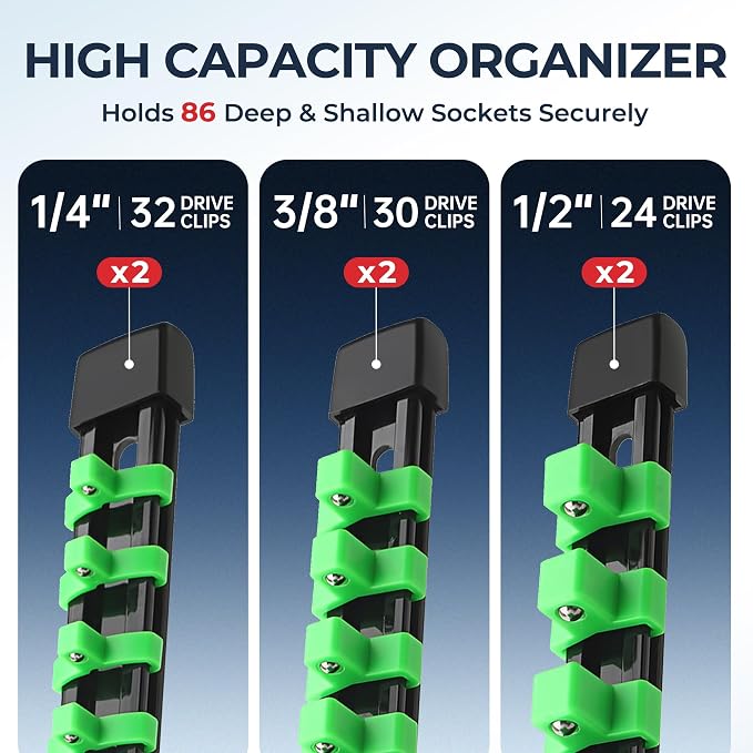 Reniteco 6-Pack Socket Organizer Set, 1/4" x 32 3/8" x 30 1/2" x 24 Clips | 86 Clip Capacity, Havy-Duty ABS Socket Rails, Removable Clips, Drive Socket Storage, Toolbox Drawer or Wall Mount