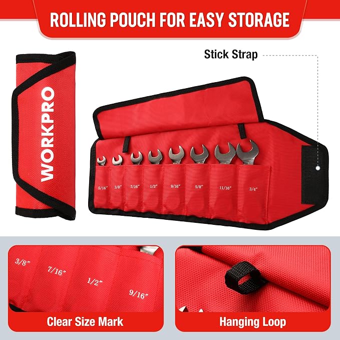 WORKPRO 8 Piece Flex Head Stubby Ratcheting Wrench Set, SAE 5/16-3/4 in | 72-tooth CR-V Wrenches with Nickel-plated Finish for Automotive, Garage and Home Repairs, Includes Rolling Pouch