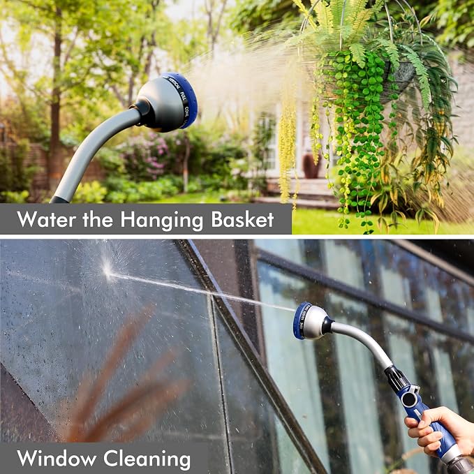 RESTMO Watering Wand Heavy Duty, Metal Garden Hose Wand with 10 Spray Patterns, 15-Inch Long Hose Nozzle Sprayer with Thumb Flow Control, Ideal to Water Hanging Baskets and Shrubs, Blue