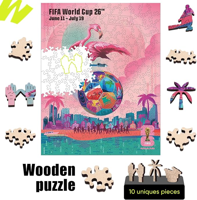 FIFA World Cup 2026 City Puzzle Miami Poster - Wooden Puzzle for Adult, 200 Pieces Unique Shape Puzzle, 5MM Thick, Creative Collectible Gift for Fans, Officially Licensed Product, 9.3x11.8''