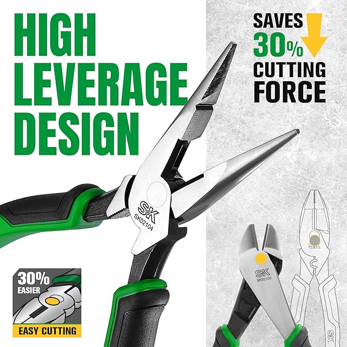 SK 5-Piece Pliers Set, Ergonomic Anti-slip Handle, with Rolling Pouch | 8" Needle Nose & Slip Joint & Diagonal Pliers, 9.5" Linesman Pliers, and 10" Water Pump Pliers